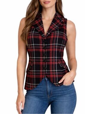 Cabi Vest Tartan plaid vest red/black button up Collared pockets SZ M Y2k top